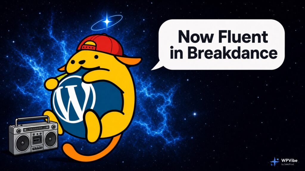 Wapuu in a backwards red cap next to a boombox, saying Now Fluent in Breakdance