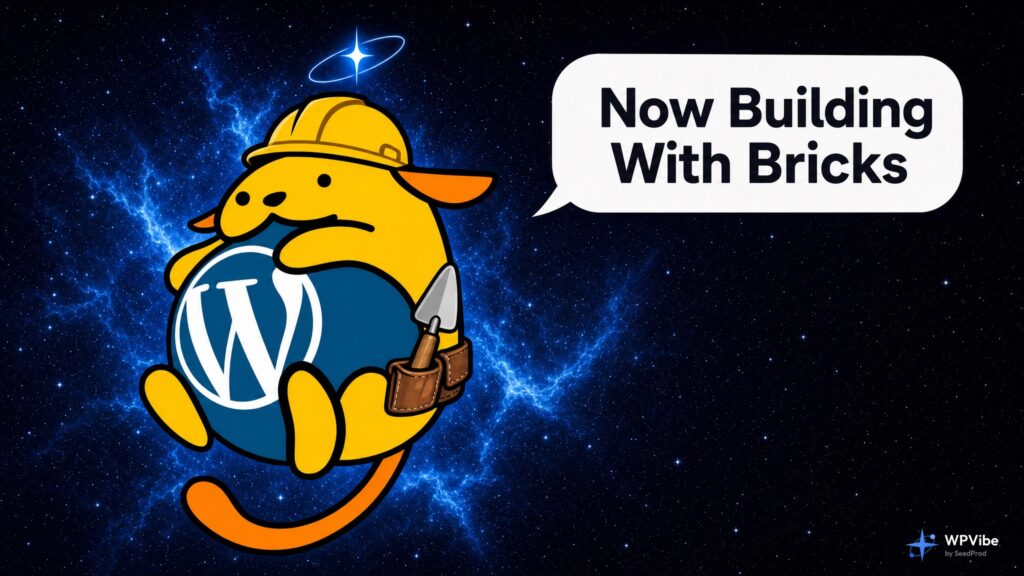 Wapuu wearing a construction hard hat and tool belt, saying Now Building With Bricks