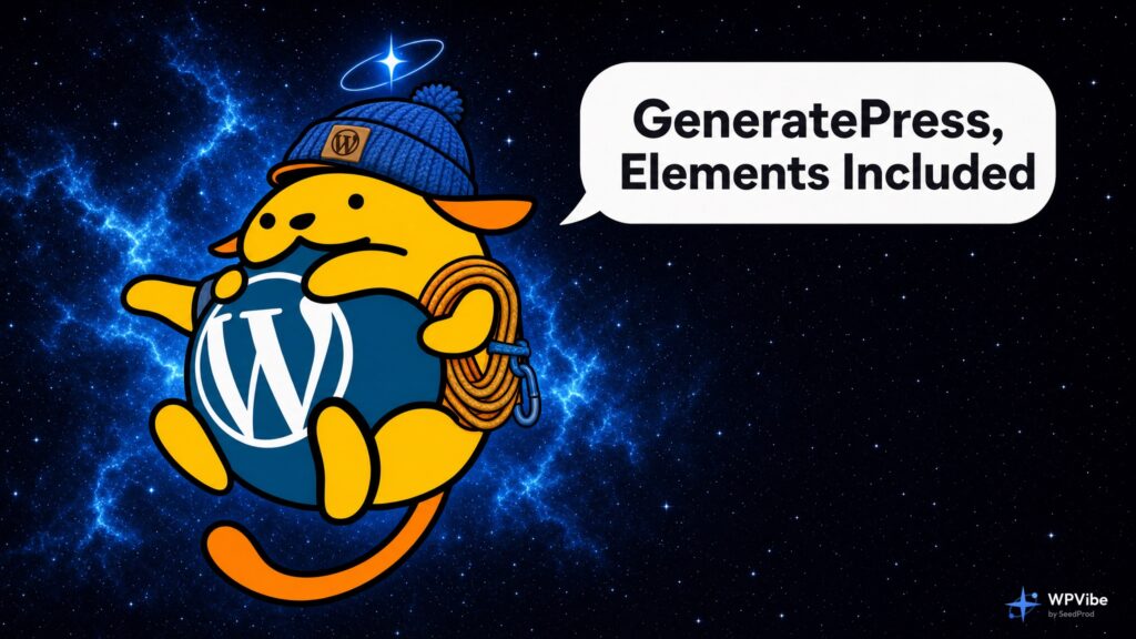 Wapuu wearing a mountaineer beanie with a climbing rope, saying GeneratePress, Elements Included
