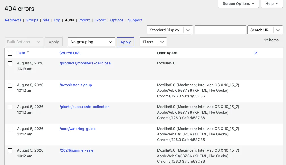 Redirection plugin 404 log in WordPress showing seven broken URLs and their hit counts