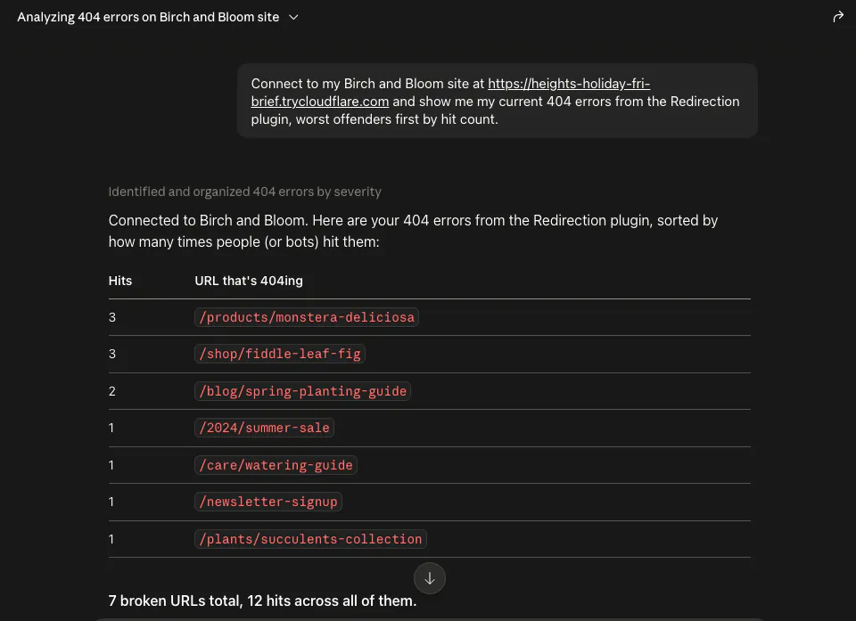 AI assistant listing a WordPress site's 404 errors by hit count in a chat window