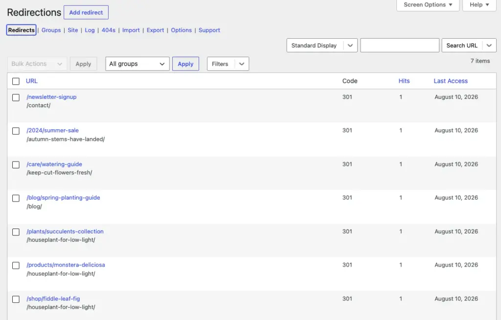 Seven new 301 redirects shown in the Redirection plugin's Redirects screen in WordPress
