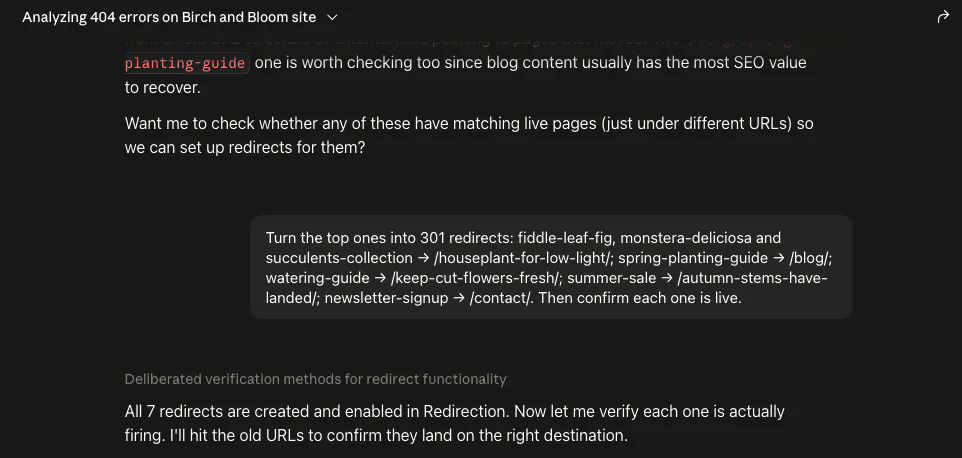 AI assistant creating 301 redirects in a chat after choosing where each broken URL should point