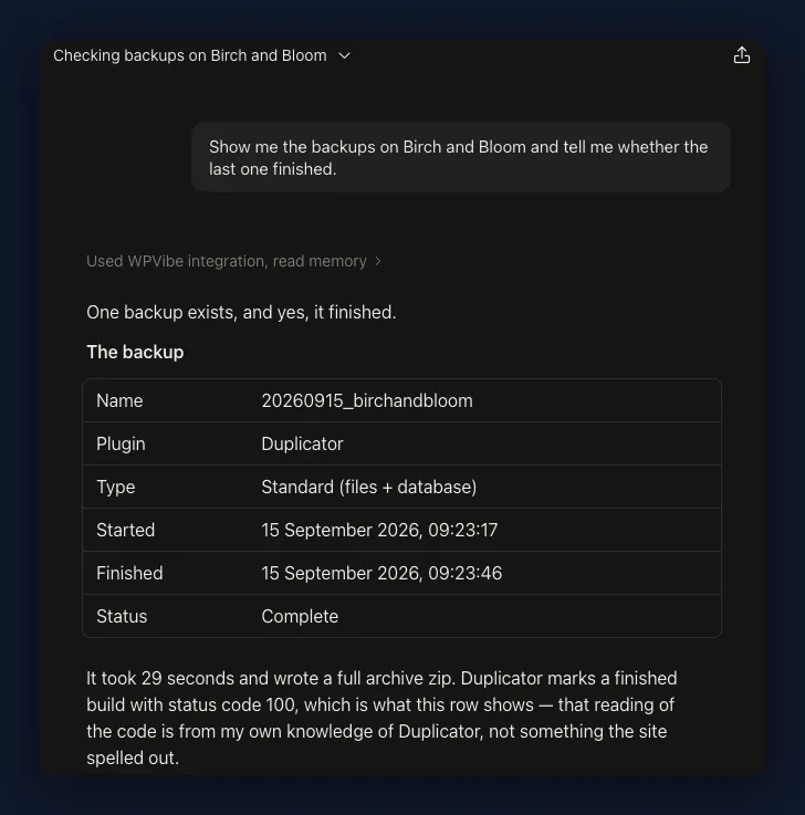 AI chat showing a completed WordPress backup on a test site, with its name, plugin, start and finish times, and a status of complete