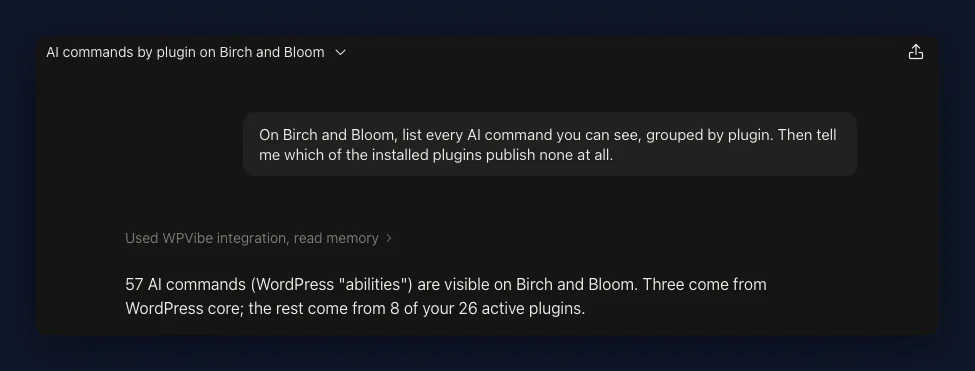 AI chat reporting 57 AI commands visible on a WordPress site, three from WordPress core and the rest from 8 of 26 active plugins