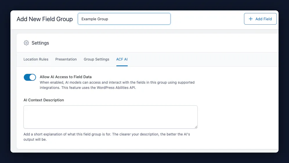 The ACF AI tab on a new ACF field group, with Allow AI Access to Field Data switched on