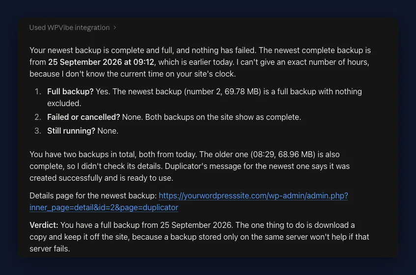 Claude's backup check saying the newest WordPress backup is full, and advising a copy off the server
