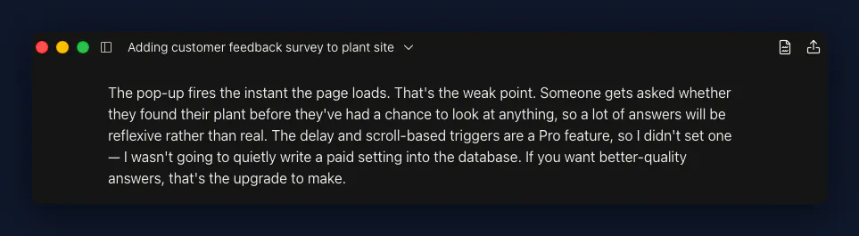 Claude's reply explaining that the pop-up fires the instant the page loads, and that the delay and scroll triggers are a Pro feature, so it did not set one rather than write a paid setting into the database