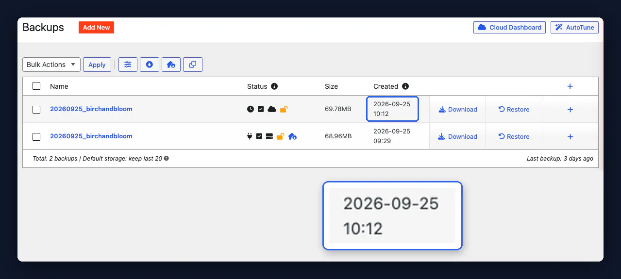 Duplicator backups list showing a scheduled WordPress backup created at 10:12, with the time zoomed in