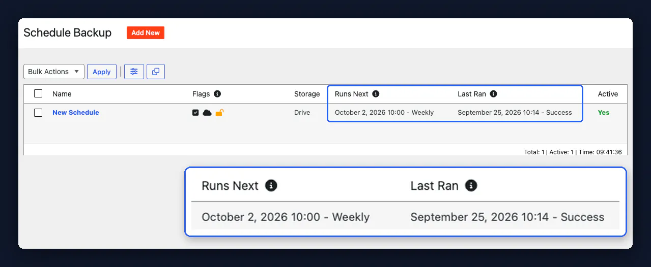 Duplicator schedules list showing a weekly backup set for 10:00 that last ran at 10:14, with both times zoomed in