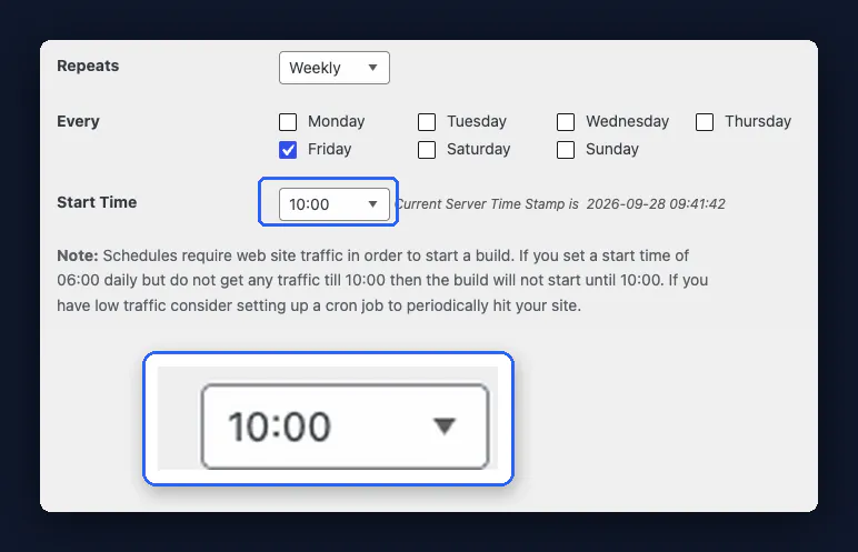 Duplicator Pro schedule set to weekly on Friday at 10:00, with the start time zoomed in and a note that schedules need website traffic to start a backup