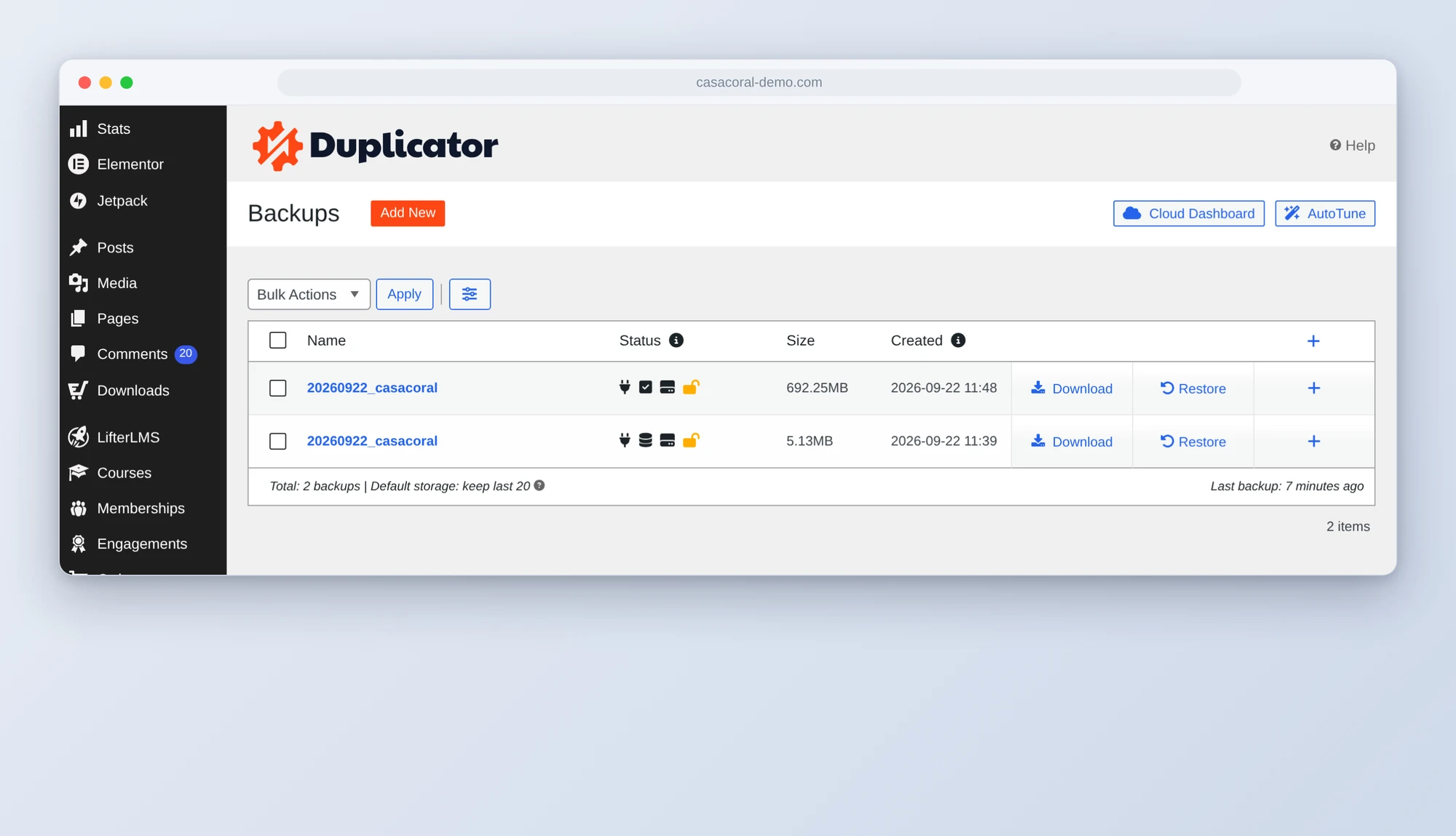 The Duplicator backups screen in WordPress showing two backups created by AI: a full site backup and a database-only backup, both complete