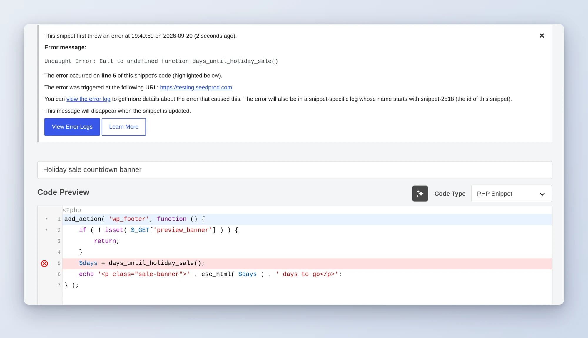 WPCode showing an error on a snippet: call to undefined function on line 5, with the failing line highlighted in the code