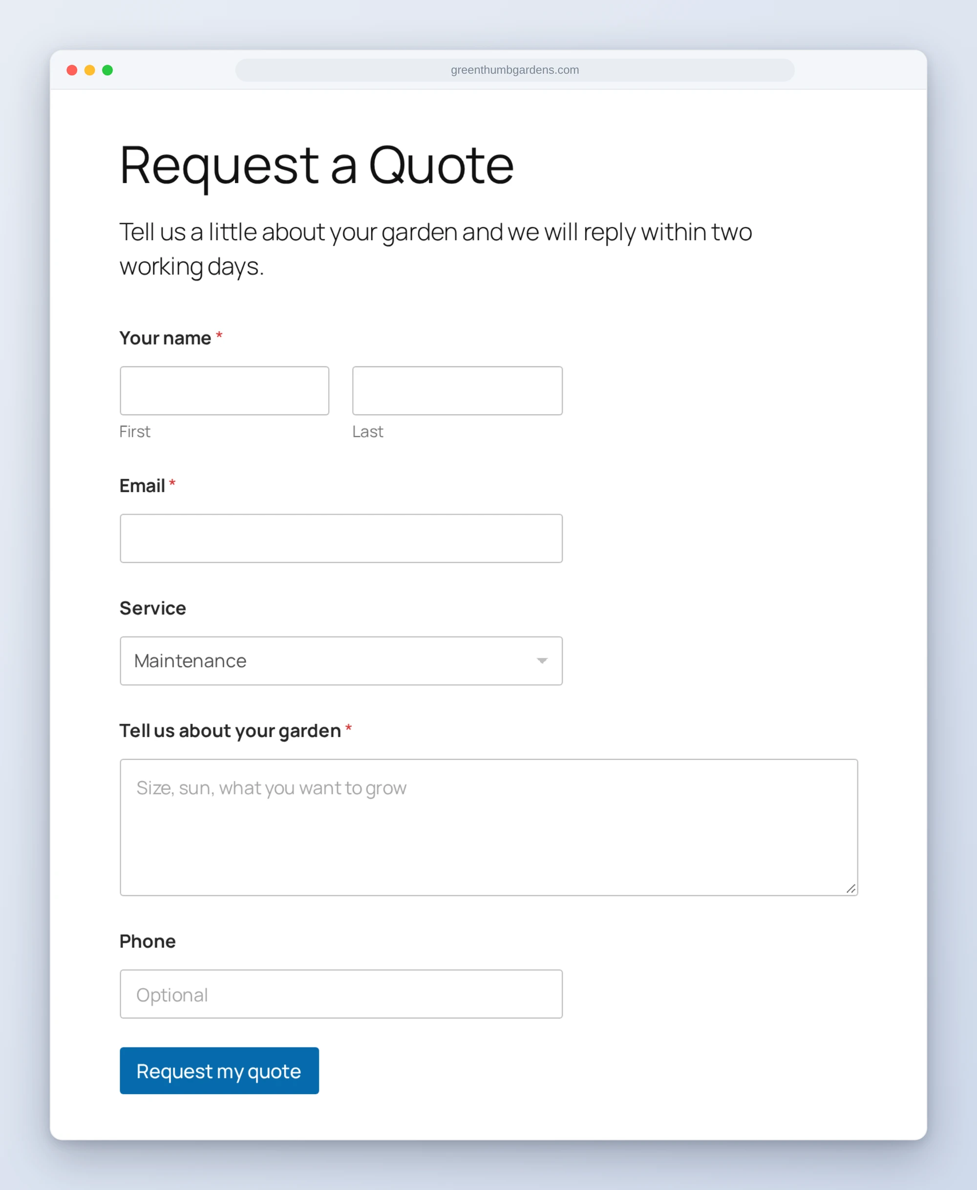 A Request a Quote page with a WPForms form built by AI: name, email, a service dropdown, a message box, phone, and a Request my quote button