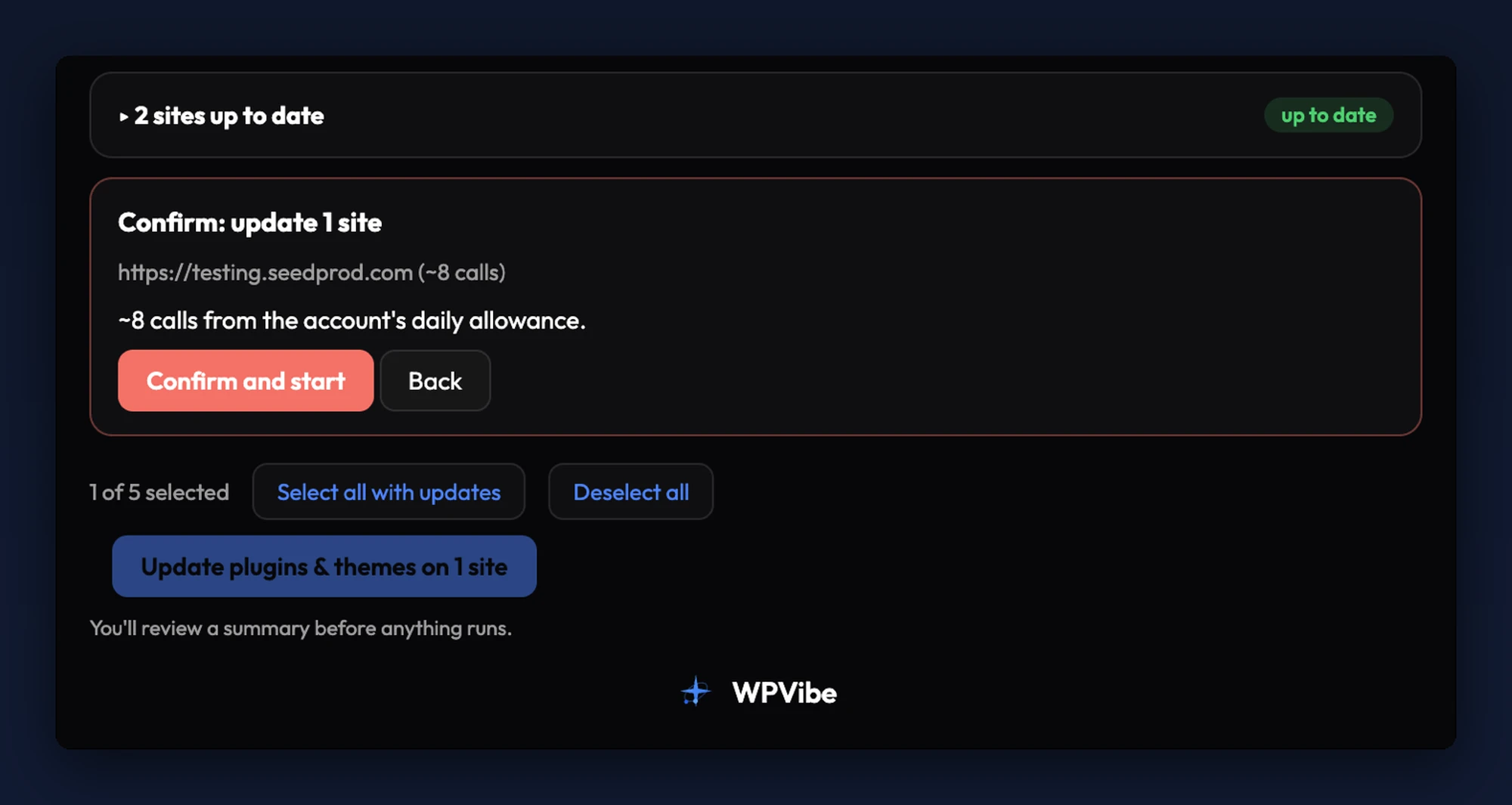 The confirm card before a fleet update starts, listing the site, its call estimate, and Confirm and start and Back buttons