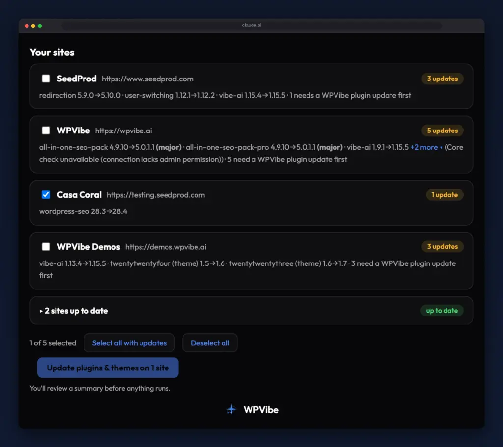 AI chat showing a roster of connected WordPress sites with pending plugin and theme updates