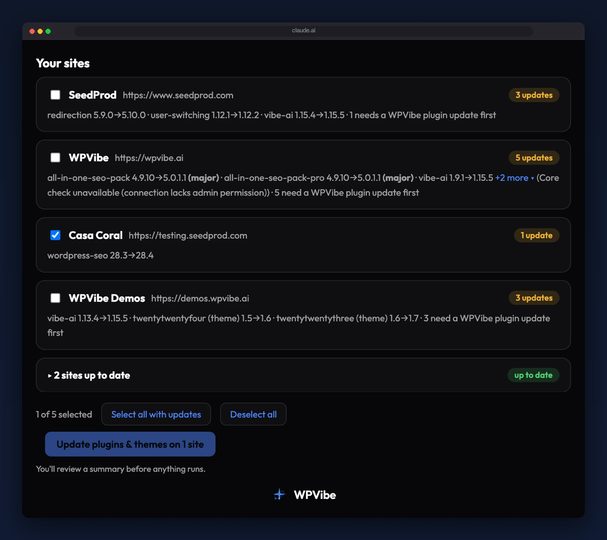 The WPVibe fleet panel in Claude listing connected sites with pending updates, one selected, and a button reading Update plugins and themes on 1 site