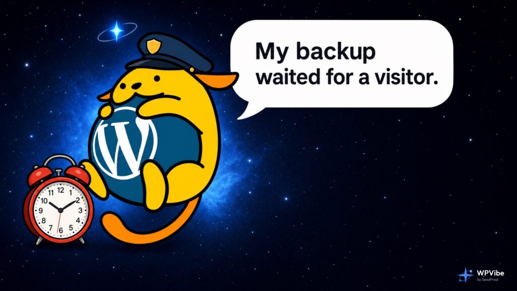 Wapuu in a night-watchman's cap beside an alarm clock, saying my backup waited for a visitor