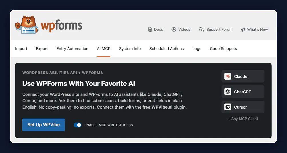 The WPForms Tools screen with the AI MCP tab open, showing the Enable MCP Write Access toggle