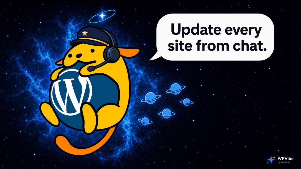 Wapuu in a captain hat and headset next to a fleet of small planets, with a speech bubble reading Update every site from chat