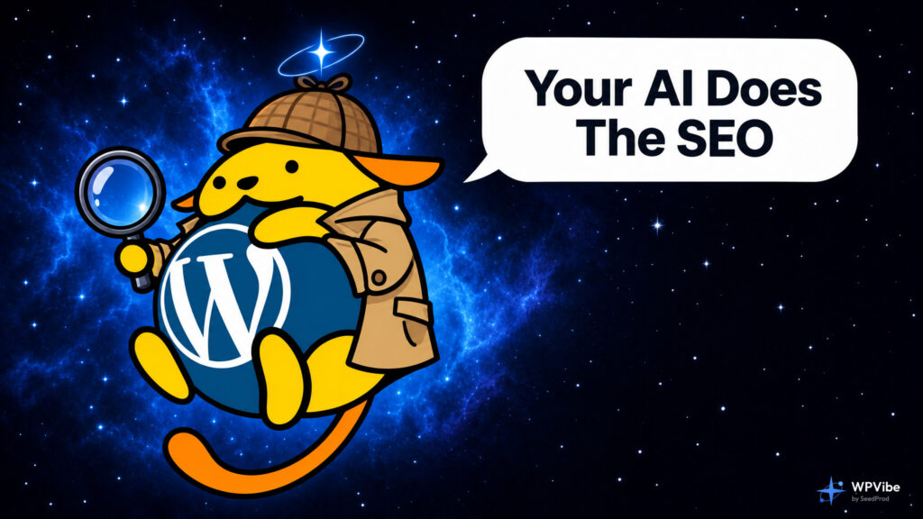 Wapuu dressed as a detective with a magnifying glass, saying Your AI Does The SEO