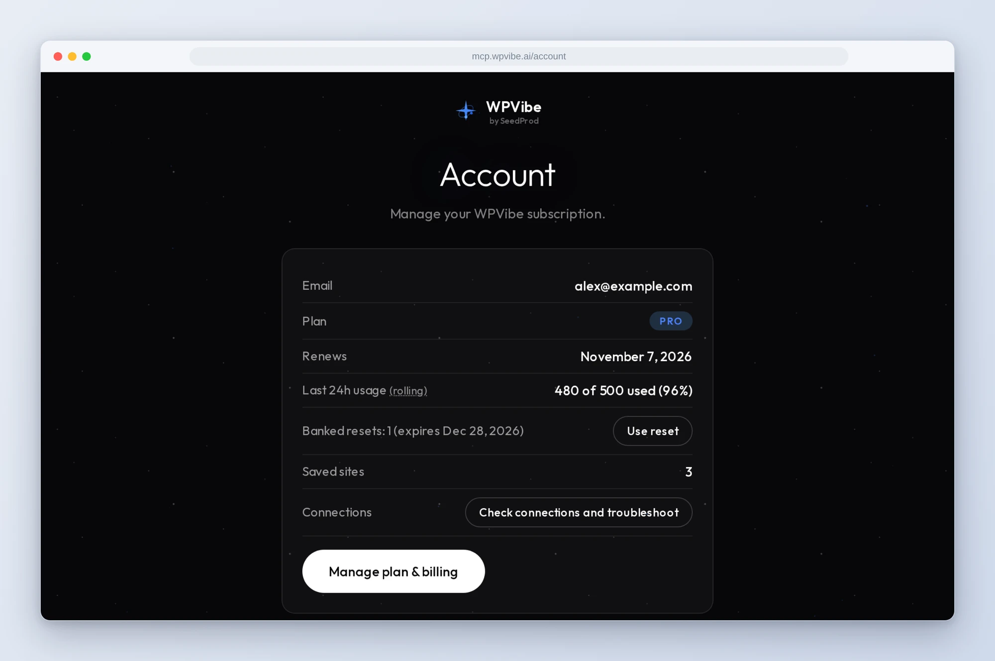 The WPVibe account page showing Banked resets: 1 with a Use reset button next to the rolling 24-hour usage