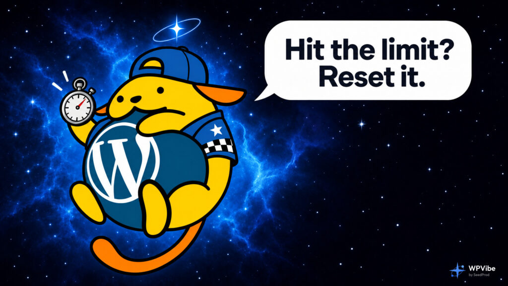 Wapuu in a pit-crew outfit holding a stopwatch, saying: Hit the limit? Reset it.