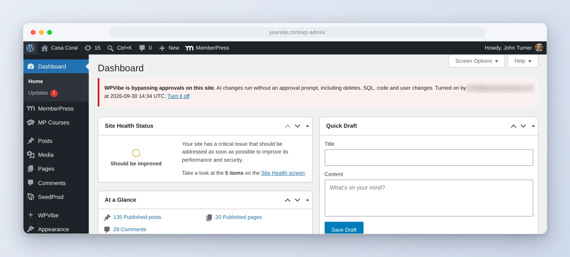 The red wp-admin banner reading WPVibe is bypassing approvals on this site, with a Turn it off link