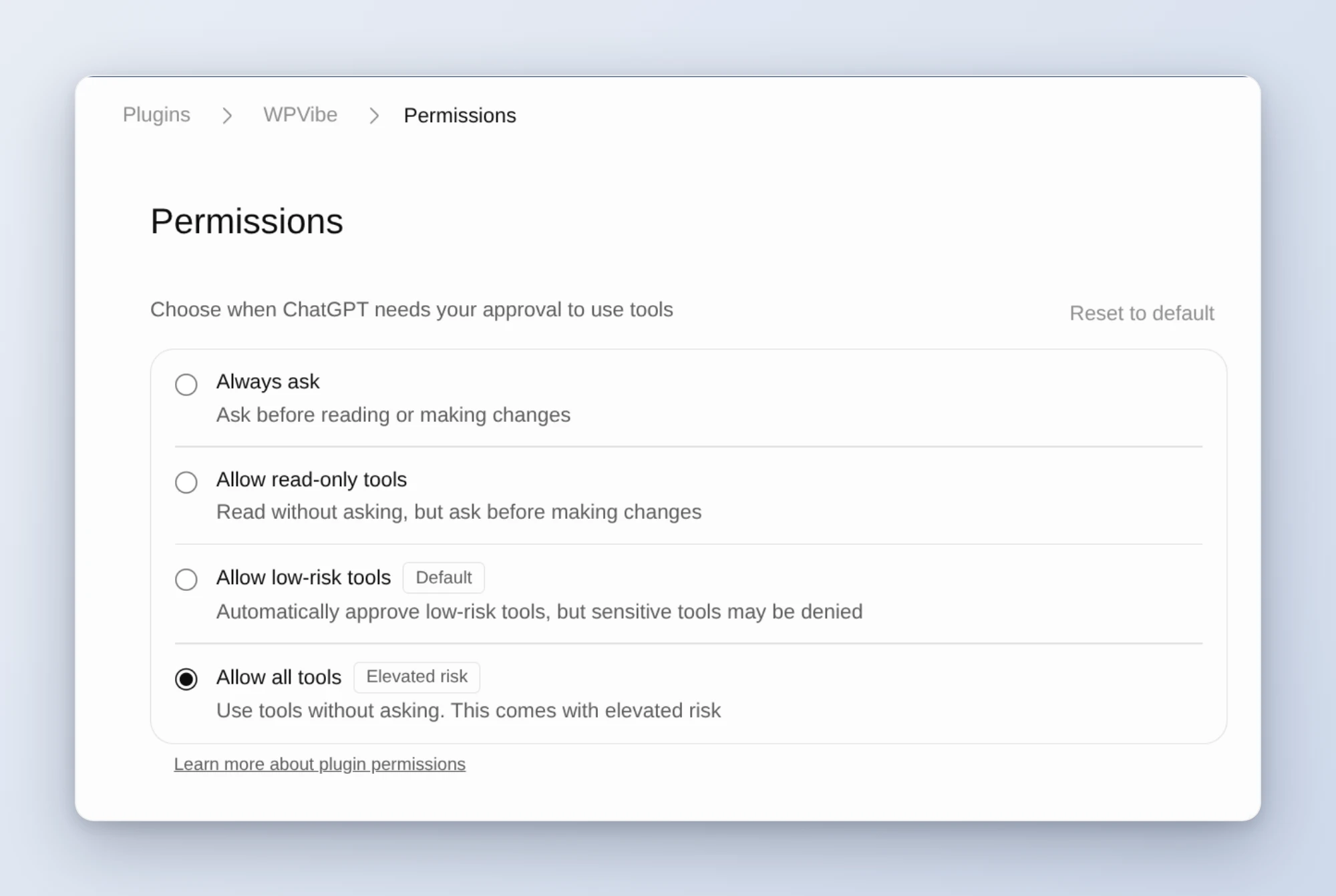 ChatGPT Plugins, WPVibe, Permissions screen with Allow all tools selected