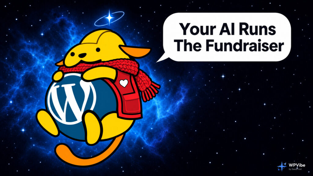 Wapuu in a red scarf and volunteer vest with a heart pin, saying Your AI Runs The Fundraiser