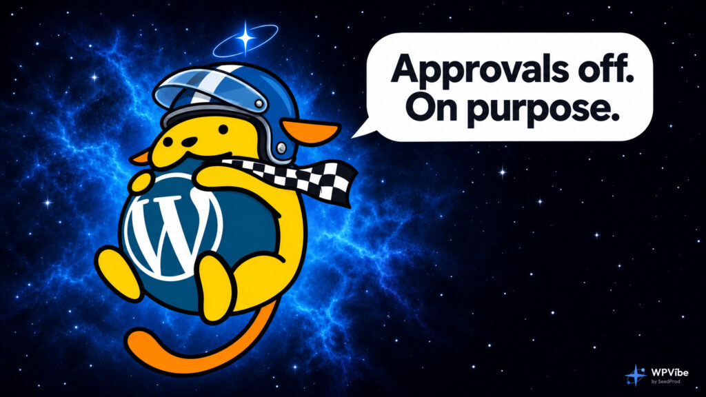 Wapuu in a blue racing helmet and checkered scarf saying Approvals off. On purpose.