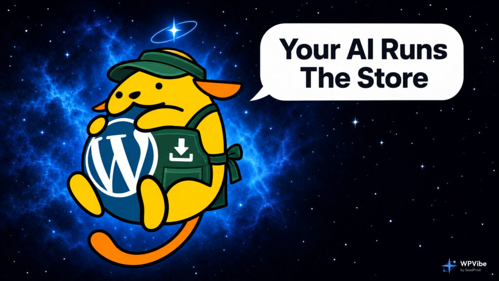 Wapuu in a green shopkeeper apron with a download badge, saying Your AI Runs The Store