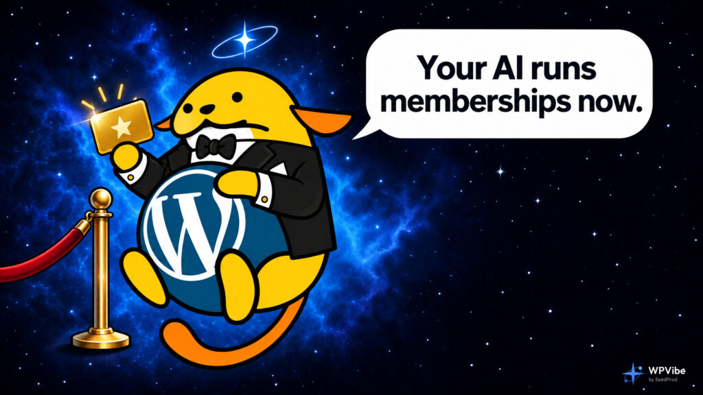 Wapuu dressed as a VIP club host holding a gold membership card, saying Your AI runs memberships now