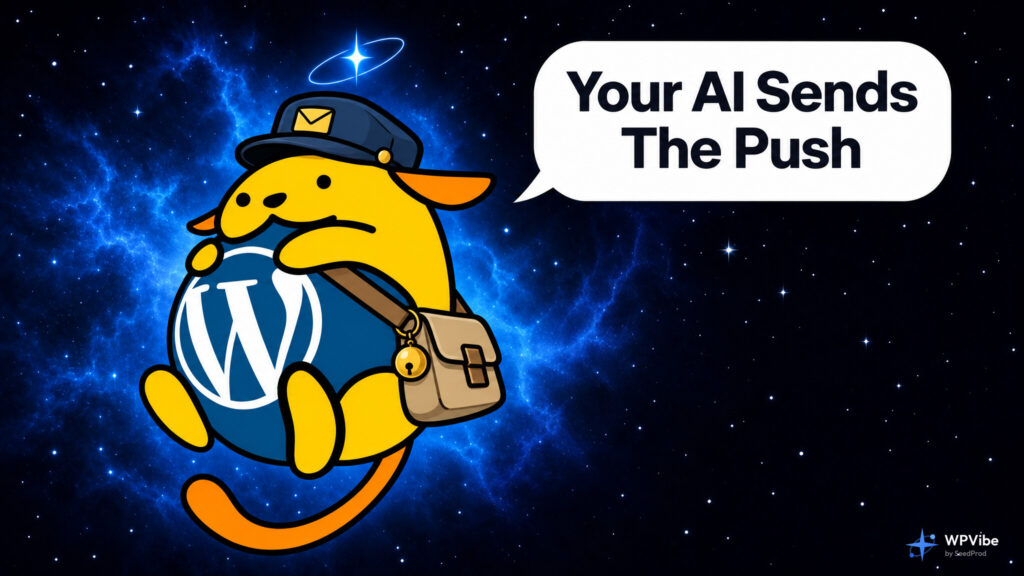 Wapuu in a mail carrier cap with a messenger bag and a bell, saying Your AI Sends The Push