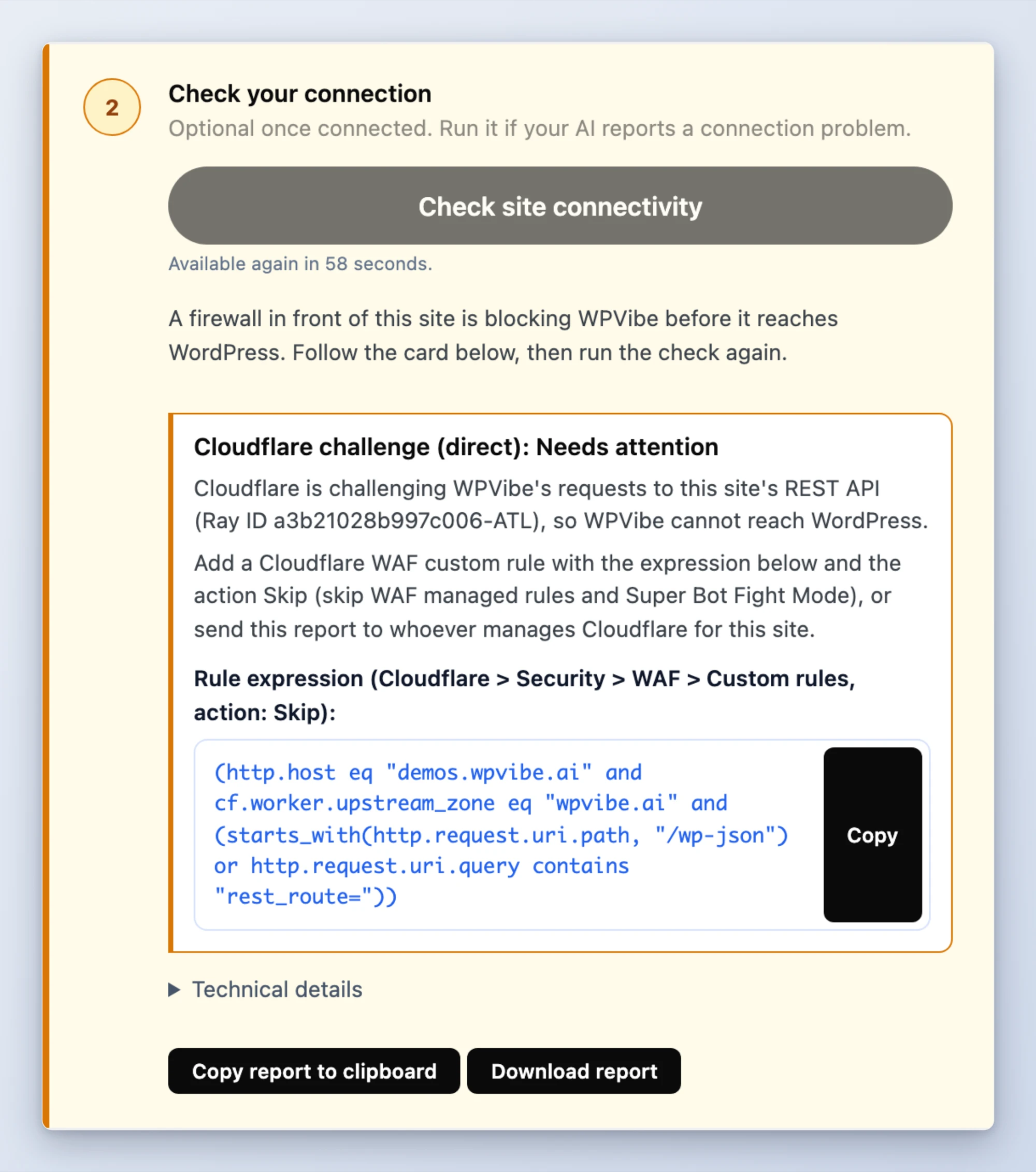 Step 2 result card naming a Cloudflare challenge, with the Ray ID and the exact WAF rule to add