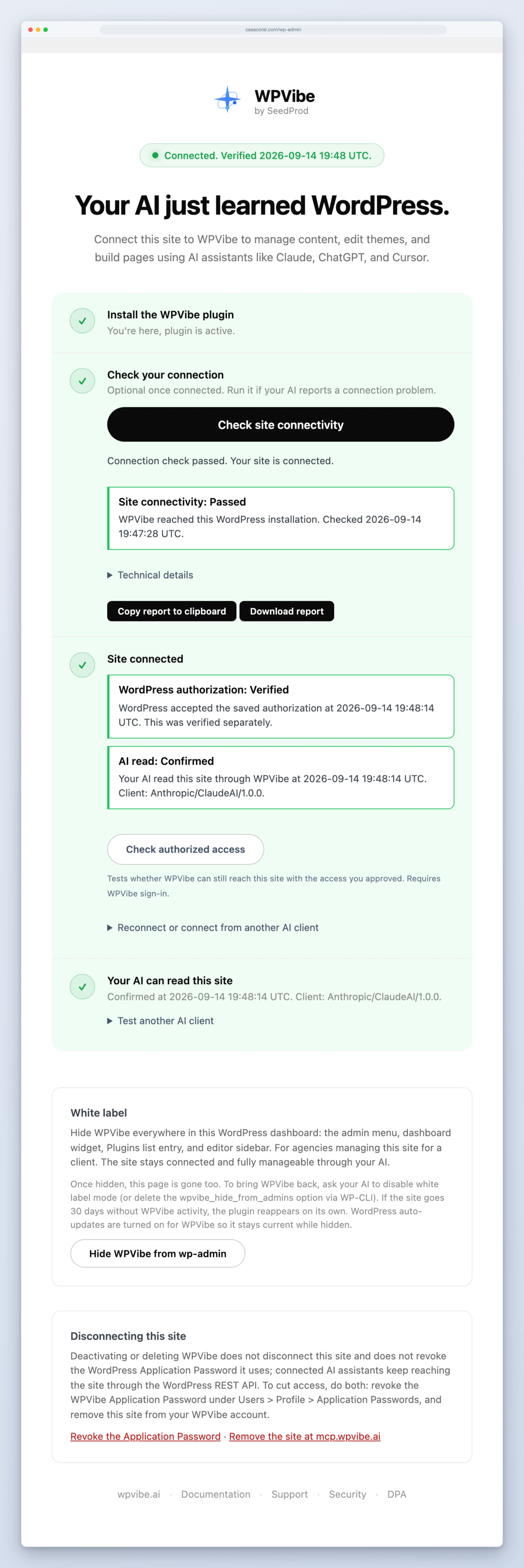The WPVibe setup page with all four steps green after a confirmed AI read