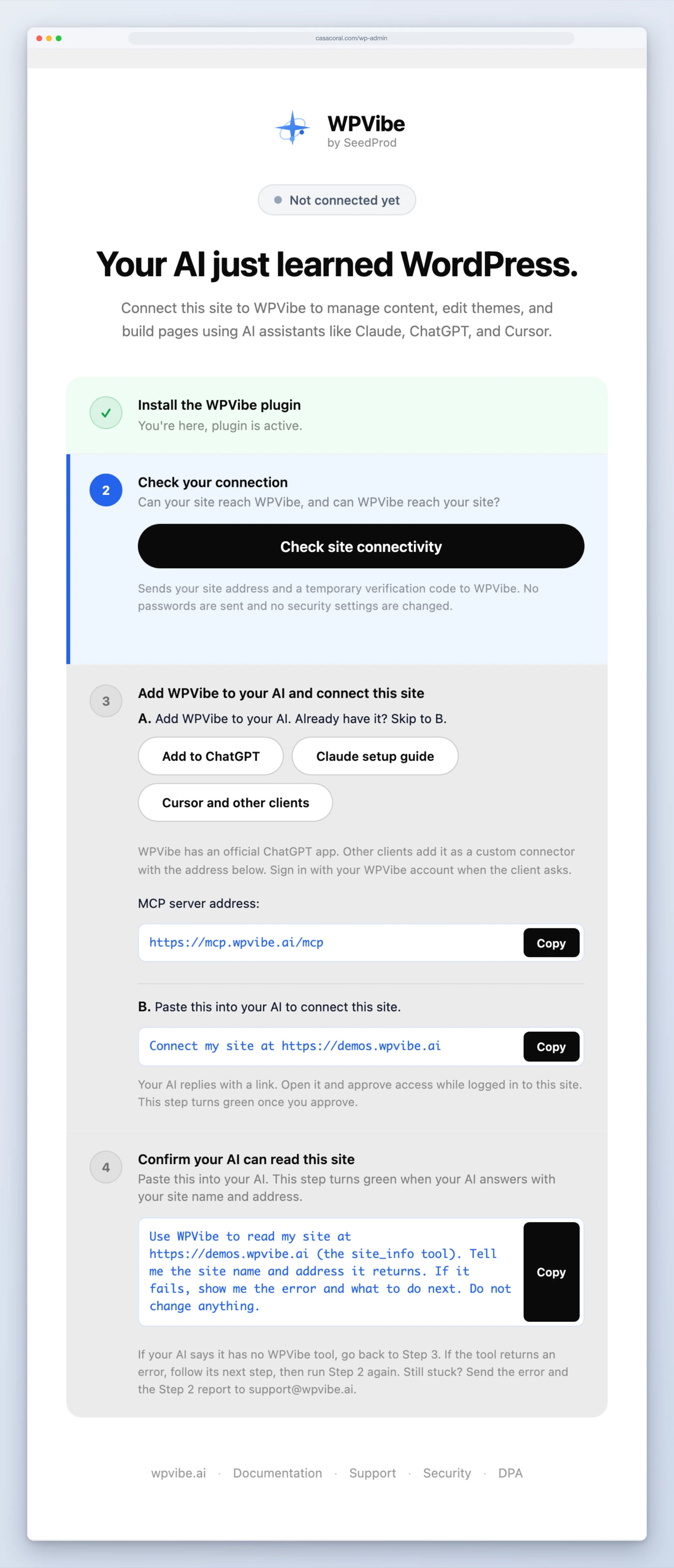 The WPVibe setup page in wp-admin: four steps, with Check site connectivity as the current step
