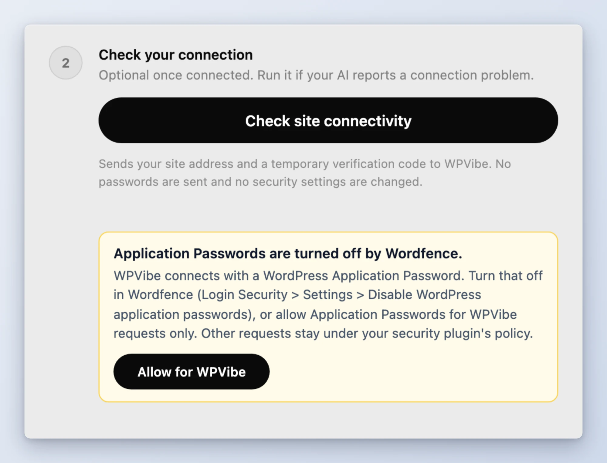 Step 2 card: Application Passwords are turned off by Wordfence, with an Allow for WPVibe button