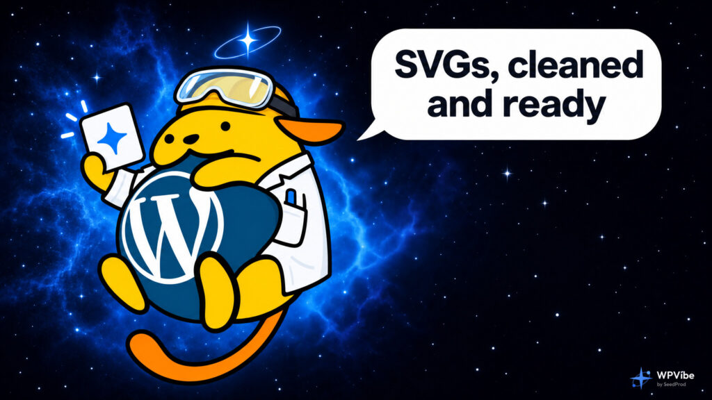 Wapuu in a lab coat holding a clean SVG card, with the caption SVGs, cleaned and ready