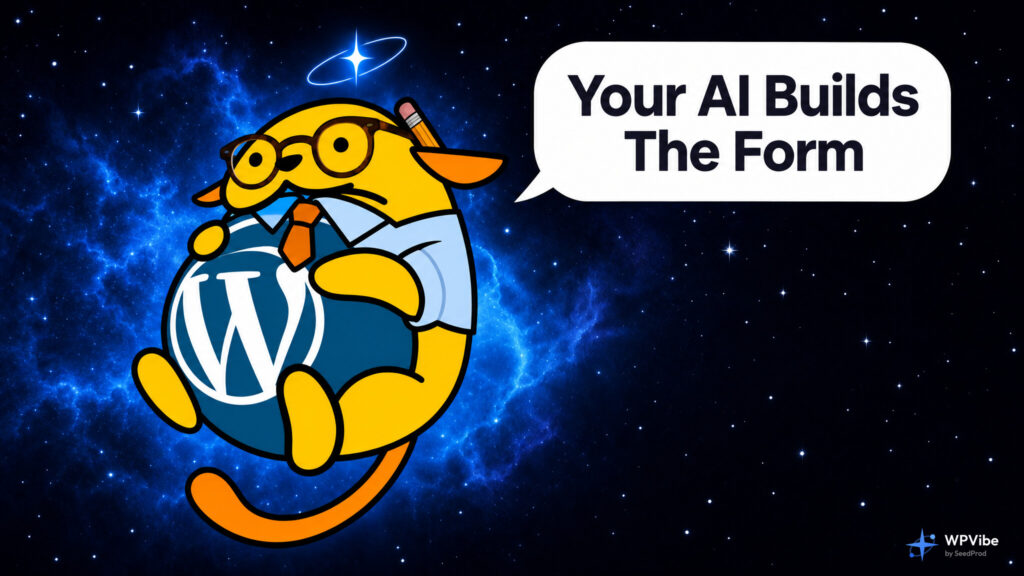 Wapuu in glasses, a shirt and tie with a pencil behind one ear, saying Your AI Builds The Form