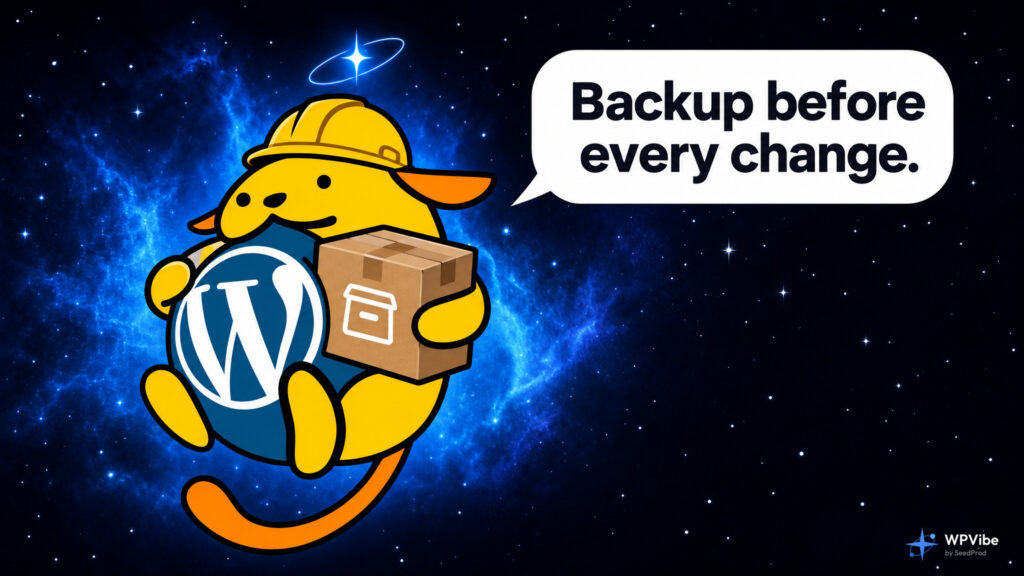 Wapuu in a hard hat holding a cardboard archive box, saying Backup before every change