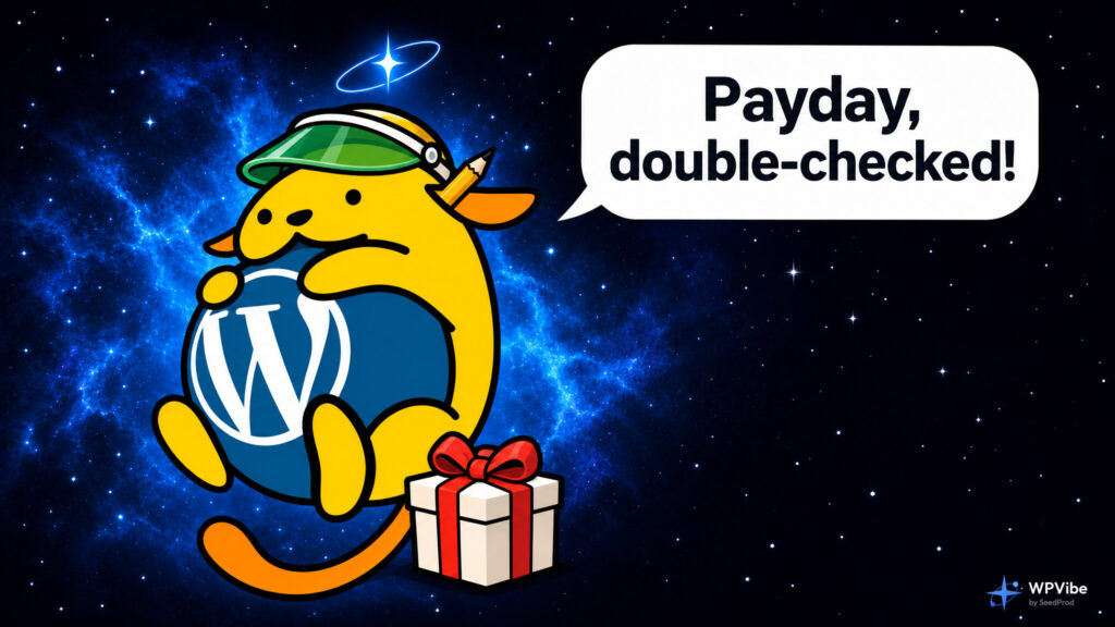Wapuu in a green bookkeeper visor beside a gift box, saying Payday, double-checked!