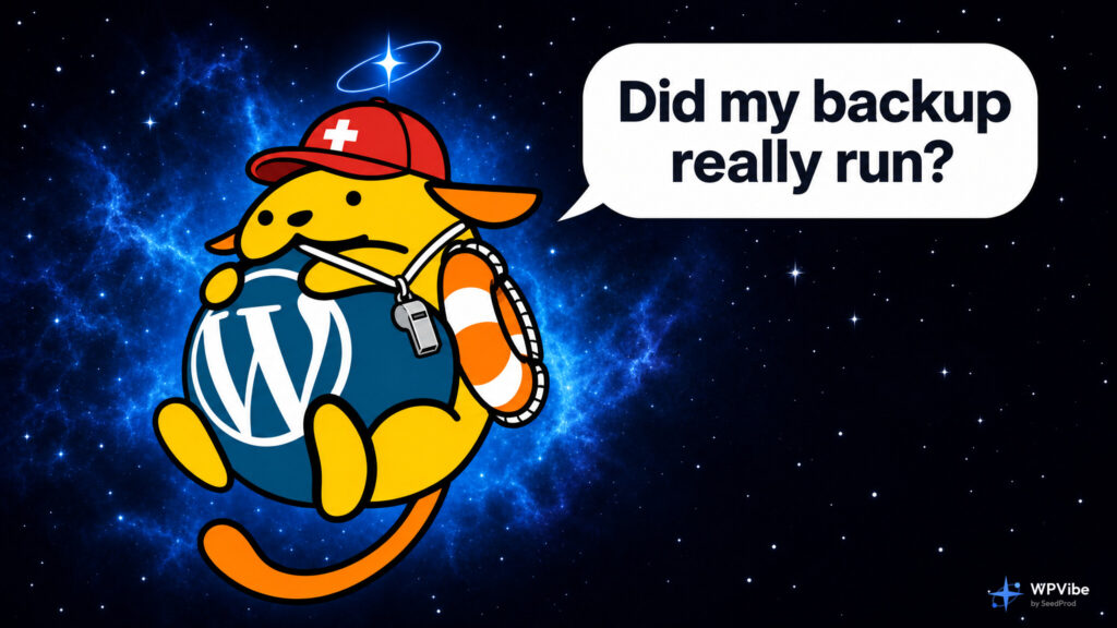 Wapuu dressed as a lifeguard asks: Did my backup really run?
