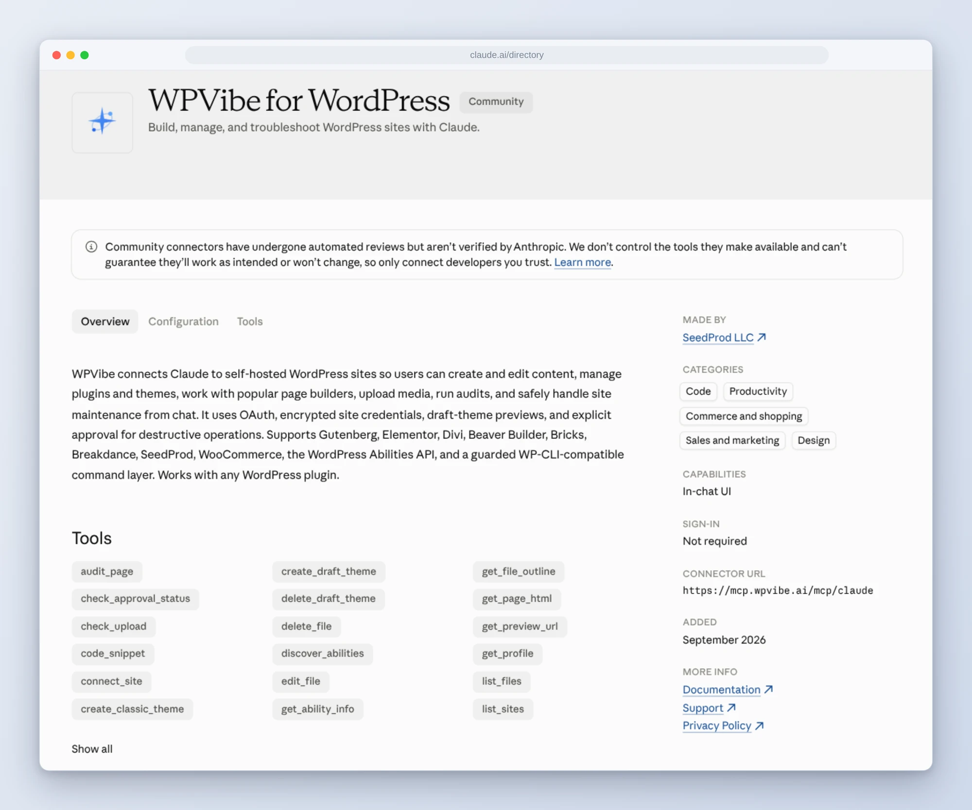 The WPVibe for WordPress listing in Claude's Connectors Directory, with its Community label, description and tools