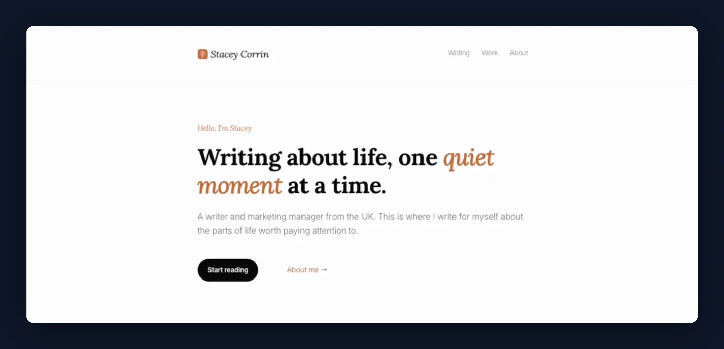 Stacey Corrin's old WordPress homepage before the redesign