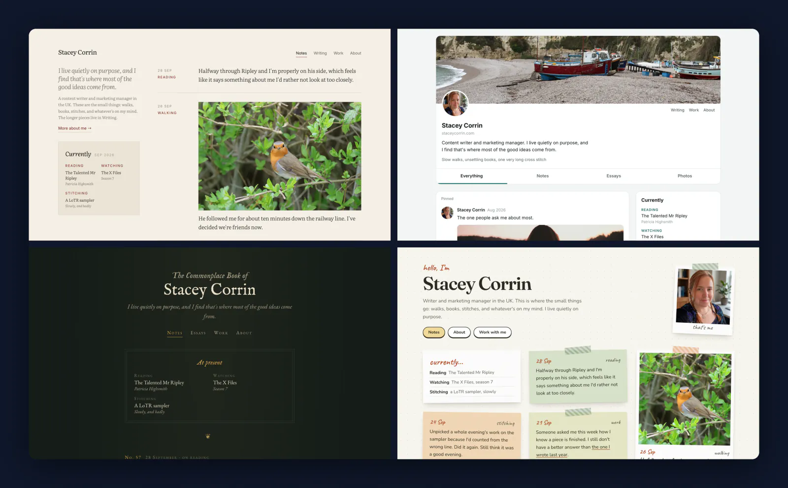 Four homepage directions Claude designed in one day: notes feed, timeline, old-book style and scrapbook