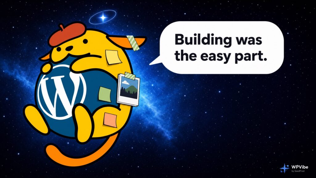 Wapuu in a painter's beret with sticky notes and a polaroid, saying Building was the easy part