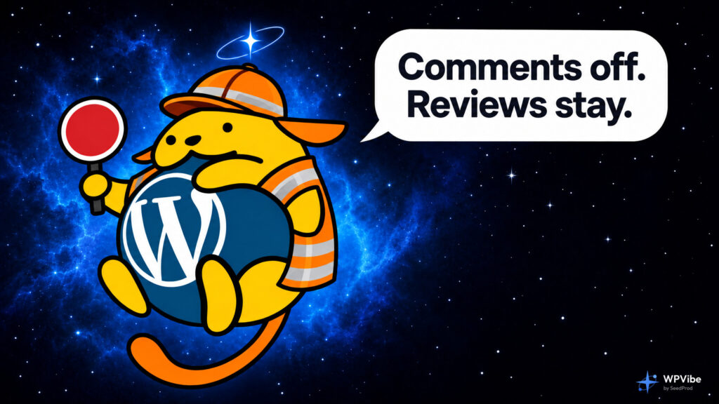 Wapuu in a crossing-guard vest holding a stop paddle, with the caption Comments off. Reviews stay.