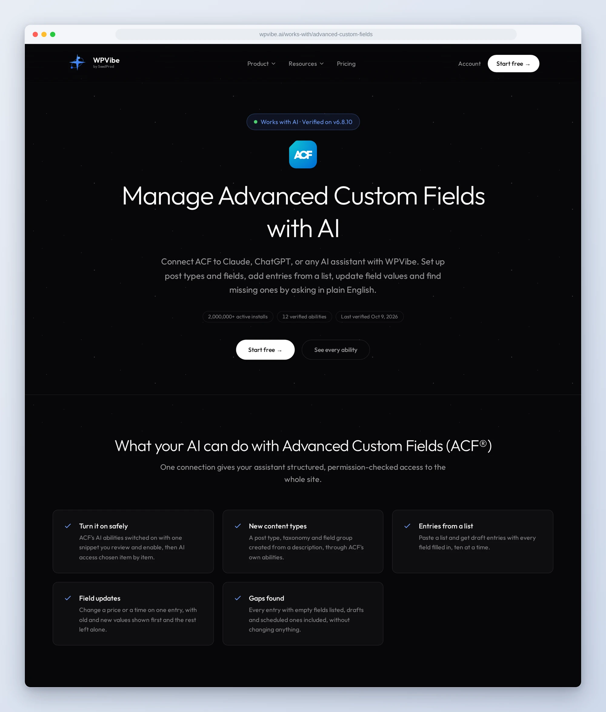The Manage Advanced Custom Fields with AI page on wpvibe.ai, verified on ACF 6.8.10 with 12 verified abilities, and five cards: turn it on safely, new content types, entries from a list, field updates, gaps found