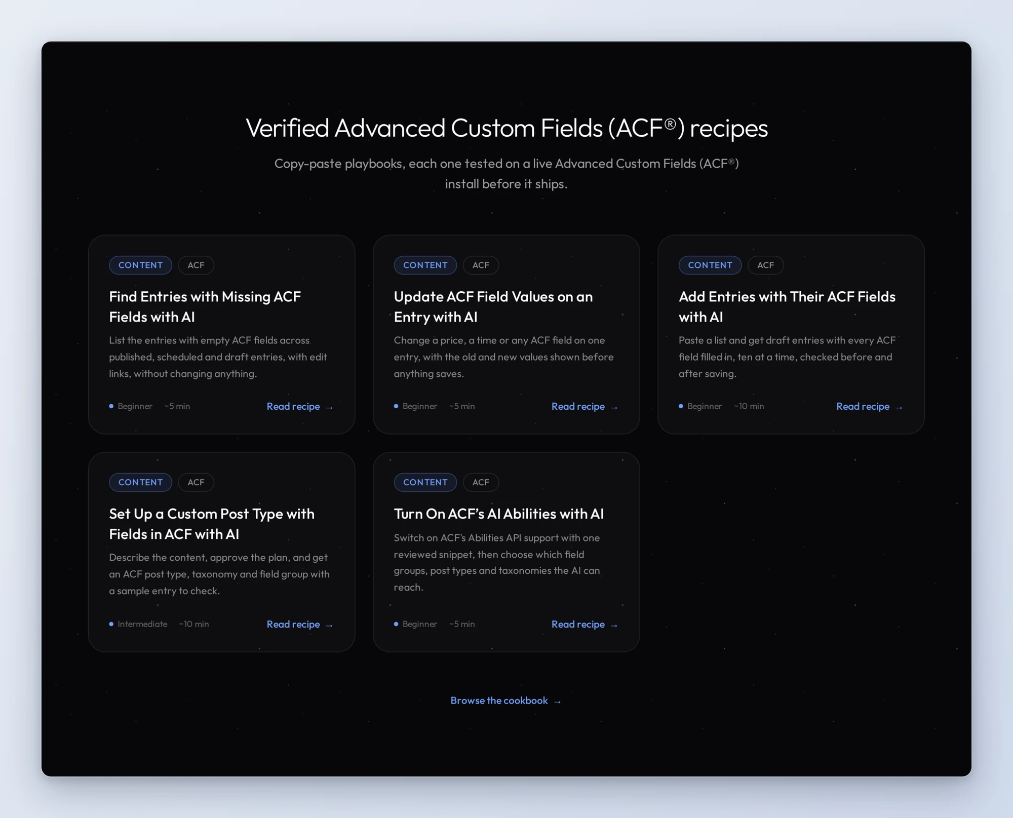 Five verified ACF recipe cards on wpvibe.ai: find entries with missing fields, update field values, add entries with their fields, set up a custom post type with fields, turn on ACF's AI abilities